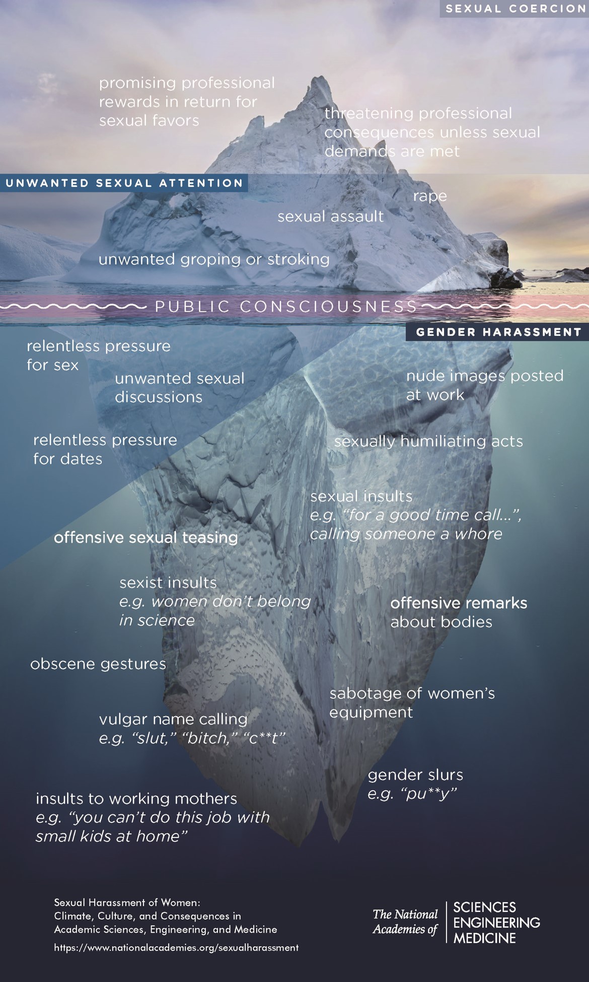 Figure 2: National Academies of Science, Engineering and Medicine infographic on the the public consciousness of sexual harassment and specific sexually harassing behaviors. 