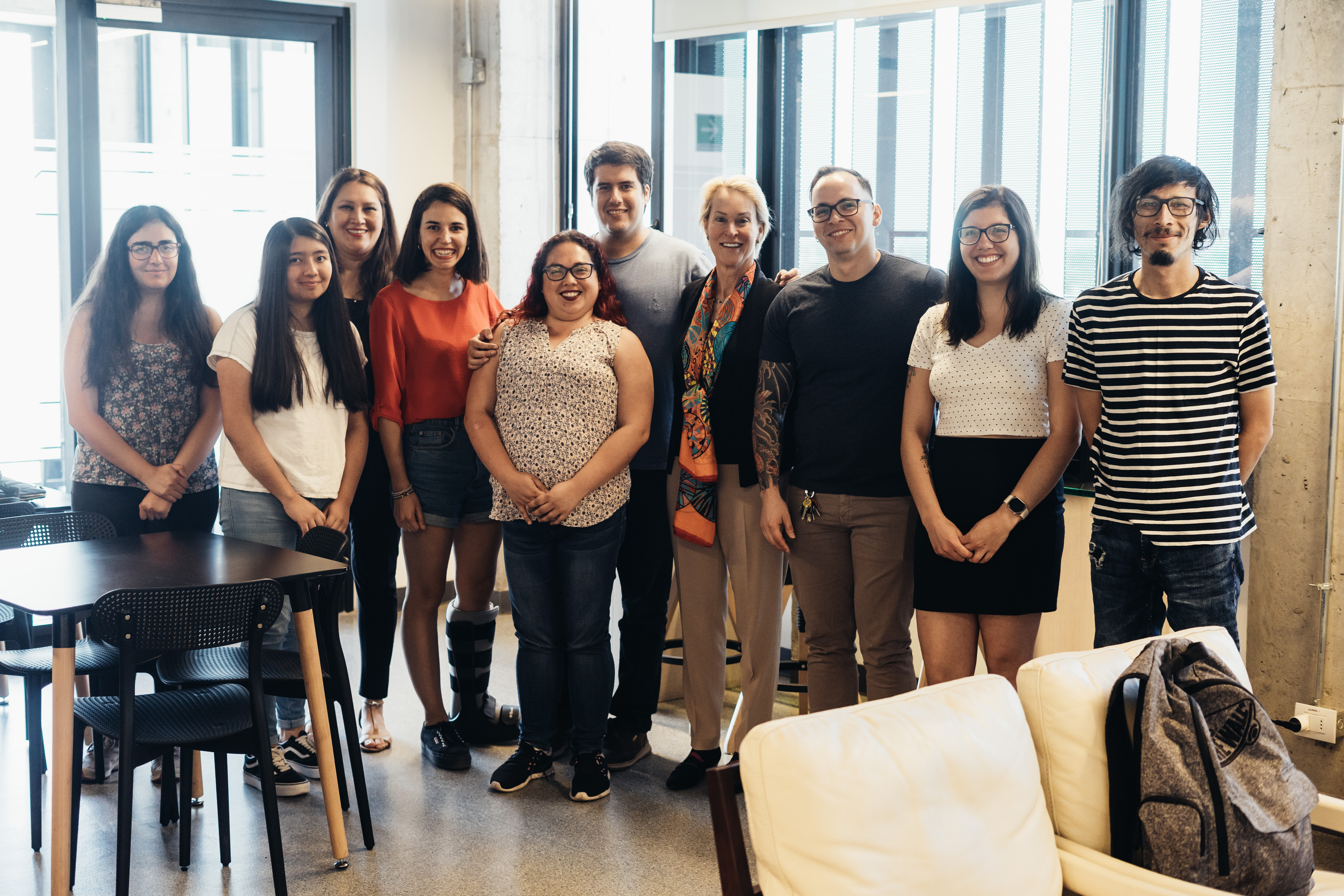 Image 2: Dr. Ramírez-Sarmiento’s research group during Nobel Laureate Frances Arnold’s visit to Pontificia Universidad Catolica de Chile in 2020. From left to right: high school students Daniela Gutierrez and Antonia Campos; high school teacher Roxana Nahuelcura; PhD students Paula Blazquez, Javiera Reyes, and Pablo Galaz-Davison; Prof. Frances H. Arnold; Dr. Cesar Dr. Ramírez-Sarmiento; Postdoctoral Fellow Maira Rivera; and PhD student J. Alejandro Molina.